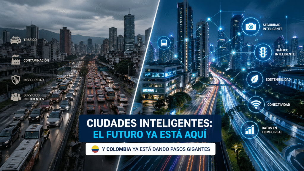 Comparación entre una ciudad tradicional y una ciudad inteligente en 2026, mostrando tecnología urbana, tráfico optimizado y conectividad digital en una smart city