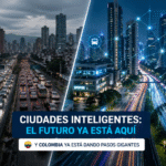 Comparación entre una ciudad tradicional y una ciudad inteligente en 2026, mostrando tecnología urbana, tráfico optimizado y conectividad digital en una smart city