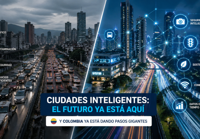Comparación entre una ciudad tradicional y una ciudad inteligente en 2026, mostrando tecnología urbana, tráfico optimizado y conectividad digital en una smart city
