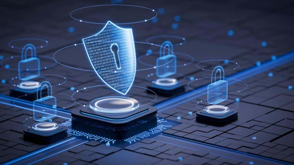 Escudo de ciberseguridad digital con código binario rodeado de candados holográficos sobre circuitos, representando vulnerabilidades en sistemas de inteligencia artificial