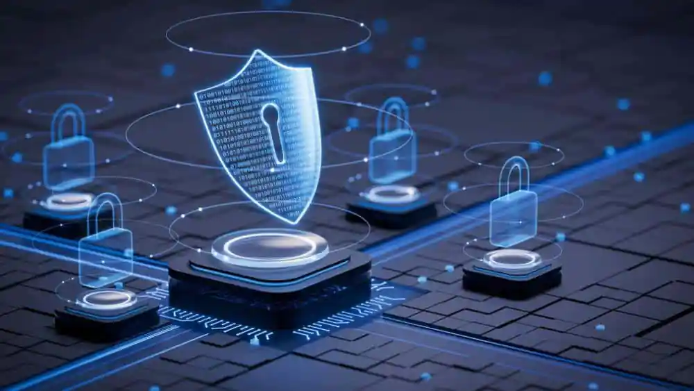 Escudo de ciberseguridad digital con código binario rodeado de candados holográficos sobre circuitos, representando vulnerabilidades en sistemas de inteligencia artificial