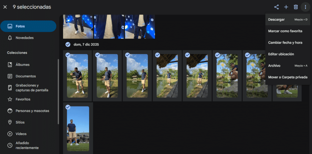 Interfaz de Google Fotos con 9 fotos seleccionadas y el menú de opciones abierto mostrando la opción Descargar
